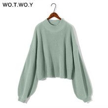 Load image into Gallery viewer, WOTWOY Autumn Winter Knitted Short Khaki White Sweater Women O-Neck Casual Lantern Sleeve Loose Sweater Pullovers Women Jumpers