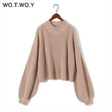 Load image into Gallery viewer, WOTWOY Autumn Winter Knitted Short Khaki White Sweater Women O-Neck Casual Lantern Sleeve Loose Sweater Pullovers Women Jumpers