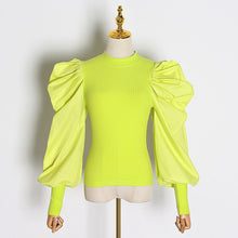 Load image into Gallery viewer, TWOTWINSTYLE White Patchwork Knitted Ruched Women' Sweater O Neck Puff Sleeve Pullover Female Streetwear Autumn Fashion New 2019