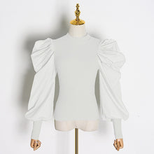 Load image into Gallery viewer, TWOTWINSTYLE White Patchwork Knitted Ruched Women' Sweater O Neck Puff Sleeve Pullover Female Streetwear Autumn Fashion New 2019