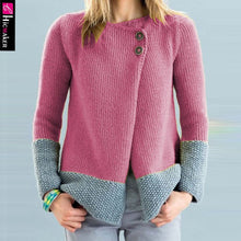 Load image into Gallery viewer, Women Plus Size Button Down Long Sleeve Splicing Knitted Cardigan Spring Fall Loose Style Chic Casual Top Sweater
