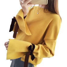 Load image into Gallery viewer, Women's Casual Loose Slit Sweater Sweet Cute Bow Tie Flare Sleeve Short Pullover Student Female Autumn Winter Tops Sueter XH1050
