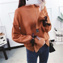 Load image into Gallery viewer, Women's Casual Loose Slit Sweater Sweet Cute Bow Tie Flare Sleeve Short Pullover Student Female Autumn Winter Tops Sueter XH1050