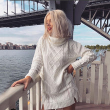 Load image into Gallery viewer, Simenual Pocket turtleneck sweater dress 2018 winter twist fashion white long jumper knitwear slit women sweaters and pullovers