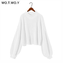 Load image into Gallery viewer, WOTWOY Autumn Winter Knitted Short Khaki White Sweater Women O-Neck Casual Lantern Sleeve Loose Sweater Pullovers Women Jumpers
