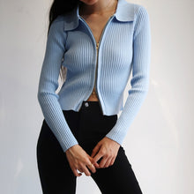 Load image into Gallery viewer, Women Dual Zipper Ribbed Sweater Shirt Cropped Knit Cardigans
