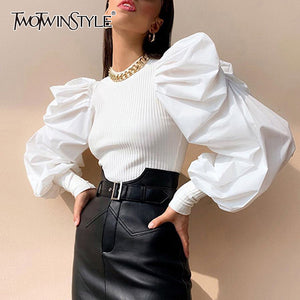 TWOTWINSTYLE White Patchwork Knitted Ruched Women' Sweater O Neck Puff Sleeve Pullover Female Streetwear Autumn Fashion New 2019