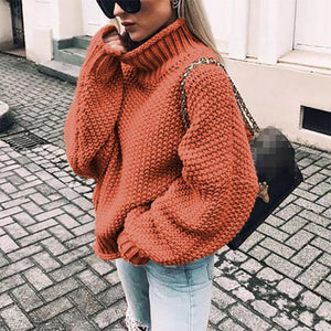 Fall and Winter 2019 New Rough Wool Sweater Women's Curled High-collar Bat Sleeve Knitted Shirt