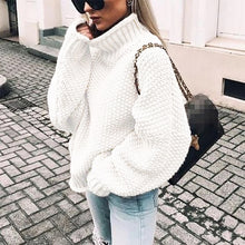 Load image into Gallery viewer, Fall and Winter 2019 New Rough Wool Sweater Women&#39;s Curled High-collar Bat Sleeve Knitted Shirt
