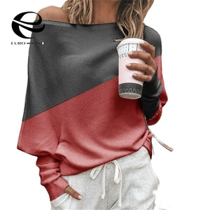 Plus Size Women Batwing Sleeve Sweater Autumn Off Shoulder Knitted Sweaters Pullover Tops Ladies Patchwork Loose Jumper Knitwear