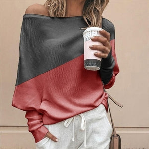 Plus Size Women Batwing Sleeve Sweater Autumn Off Shoulder Knitted Sweaters Pullover Tops Ladies Patchwork Loose Jumper Knitwear