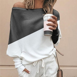 Plus Size Women Batwing Sleeve Sweater Autumn Off Shoulder Knitted Sweaters Pullover Tops Ladies Patchwork Loose Jumper Knitwear