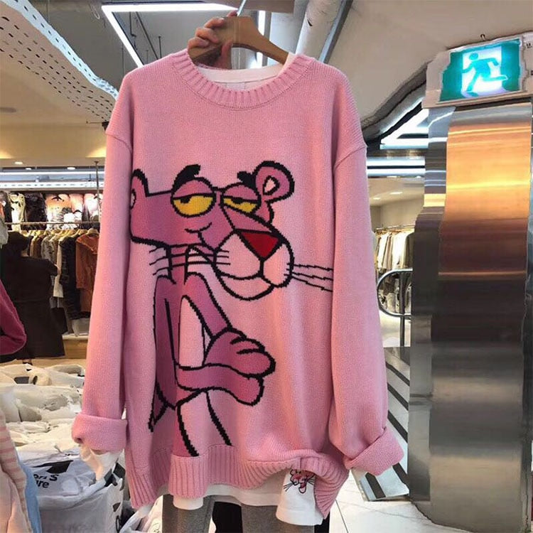 2019 Spring Korean-style New Style INS Laziness-Style Cartoon Pink Panther Sweater Women's Loose-Fit Crew Neck Pullover Knitting