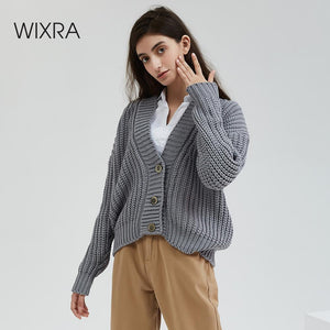 Wixra Knitted Chunky Cardigan Sweater Women Simple Solid Thick Button Clothing Sweater Stylish Tops for Female Autumn Winter