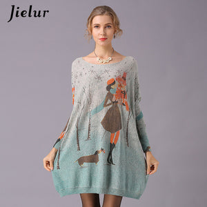 Jielur Sweater Women Cartoon Printed Long Sleeve Jumper Kawaii Knitted Sweaters Spring Autumn Pullover Basic Pull Femme