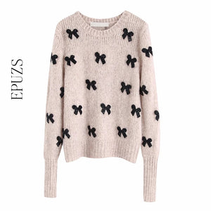 Elegant Bow Tie Appliques Knitted Sweater Women Pullovers 2019 O Neck Long Sleeve womens sweaters winter Chic Tops