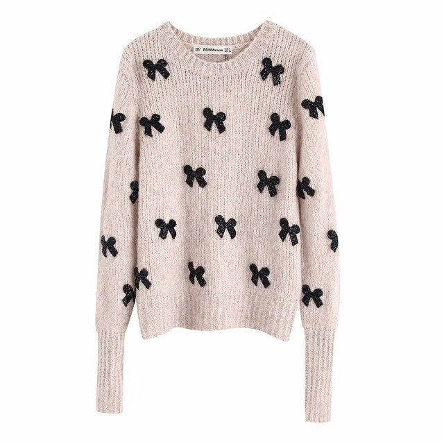 Elegant Bow Tie Appliques Knitted Sweater Women Pullovers 2019 O Neck Long Sleeve womens sweaters winter Chic Tops