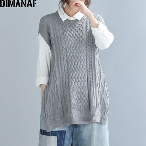 DIMANAF Autumn Plus Size Sweater Women Sleeveless Knitting Vest Pullovers Cotton Loose Lady Tops Large Size Outerwear Clothing