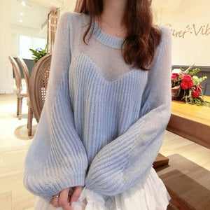 Autumn and winter new fairy soft waxy sweater gentle feeling full of lazy wind loose thin lantern sleeve sweater women