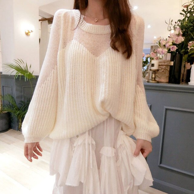 Autumn and winter new fairy soft waxy sweater gentle feeling full of lazy wind loose thin lantern sleeve sweater women