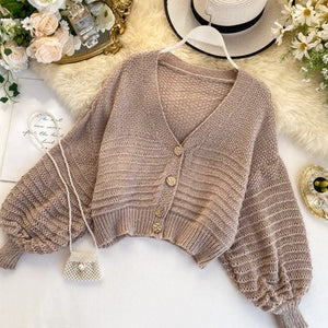 2019 New spring loose cardigan women hollow sweater coat retro V-neck Solid color short thin coat cc1748