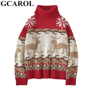 GCAROL New Winter Oversized Christmas elk Sweater Drop Shoulder Short Yarn Knit Jumper Thick  Steetwear Jersey Pullover