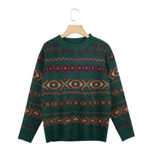 Load image into Gallery viewer, Vicabo Women Fashion Long Sleeve Jacquard Print Knit Sweater Pullover Green Round Neck Loose Tops Winter Ethnic Style Sweaters
