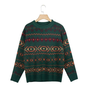 Vicabo Women Fashion Long Sleeve Jacquard Print Knit Sweater Pullover Green Round Neck Loose Tops Winter Ethnic Style Sweaters