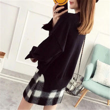 Load image into Gallery viewer, Women&#39;s Casual Loose Slit Sweater Sweet Cute Bow Tie Flare Sleeve Short Pullover Student Female Autumn Winter Tops Sueter XH1050
