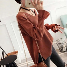 Load image into Gallery viewer, Women&#39;s Casual Loose Slit Sweater Sweet Cute Bow Tie Flare Sleeve Short Pullover Student Female Autumn Winter Tops Sueter XH1050
