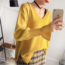 Load image into Gallery viewer, Women&#39;s Casual Loose Slit Sweater Sweet Cute Bow Tie Flare Sleeve Short Pullover Student Female Autumn Winter Tops Sueter XH1050
