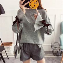 Load image into Gallery viewer, Women&#39;s Casual Loose Slit Sweater Sweet Cute Bow Tie Flare Sleeve Short Pullover Student Female Autumn Winter Tops Sueter XH1050
