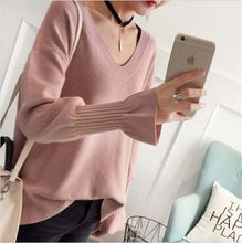 Load image into Gallery viewer, Women&#39;s Casual Loose Slit Sweater Sweet Cute Bow Tie Flare Sleeve Short Pullover Student Female Autumn Winter Tops Sueter XH1050
