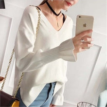 Load image into Gallery viewer, Women&#39;s Casual Loose Slit Sweater Sweet Cute Bow Tie Flare Sleeve Short Pullover Student Female Autumn Winter Tops Sueter XH1050
