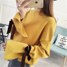 Load image into Gallery viewer, Women&#39;s Casual Loose Slit Sweater Sweet Cute Bow Tie Flare Sleeve Short Pullover Student Female Autumn Winter Tops Sueter XH1050
