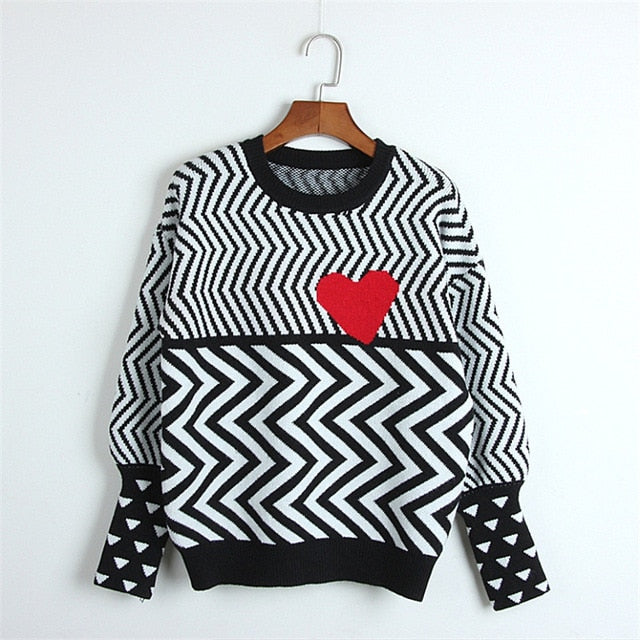 2019 Autumn Winter Women Sweaters Geometric Heart Pattern Long Sleeve Tops Lovely Pullovers Knitted Loose Sweaters Tops C-005