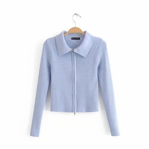 Women Dual Zipper Ribbed Sweater Shirt Cropped Knit Cardigans