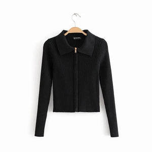 Women Dual Zipper Ribbed Sweater Shirt Cropped Knit Cardigans